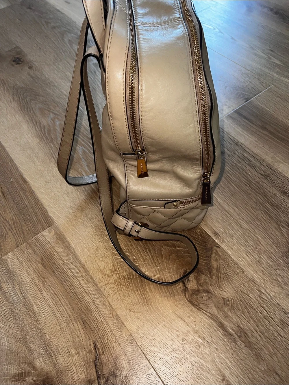 Michael Kors Rhea Backpack Beige Leather Gold Hardware Designer Bag